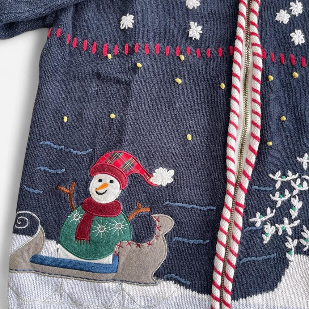 Dress Barn Navy Blue Knit Christmas Holiday Snowman Penguin Embroidered Cardigan - Picture 7 of 7